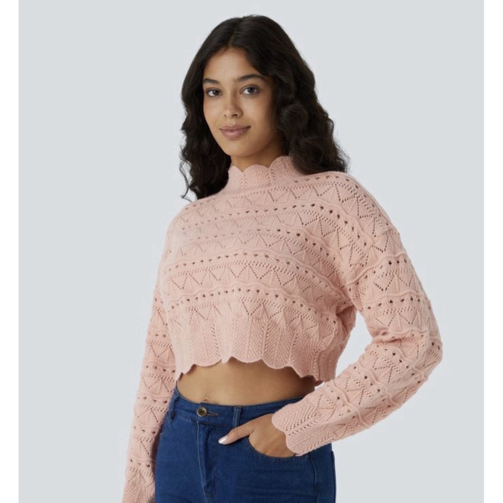 HALARA‎ XS Mock Neck Bishop Sleeve Scallop Hem Open Knit Sweater Evening Sand